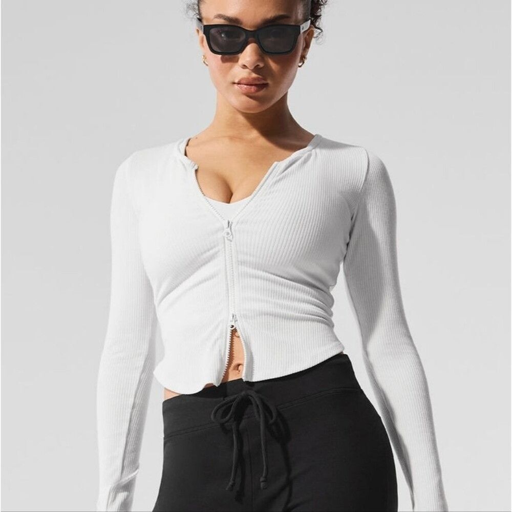 NWT Alo Stardust Jacket Top Long Sleeve Ribbed Double Zipper Corset White S